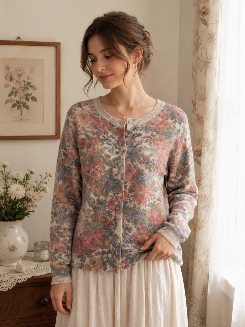 Grandmacore Floral Knit Cardigan Cottagecore Coquette Women M/L Fairy Prairie
